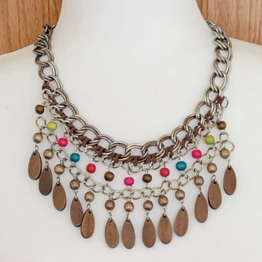 Boho Multicolor Beaded Bib Necklace with Faux Wood Bangles Retro Y2K NEW